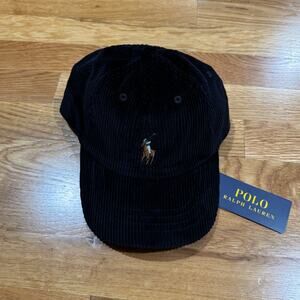 Polo Ralph Lauren Corduroy Hat Leather Strapback Cap Black Multi Pony NWT